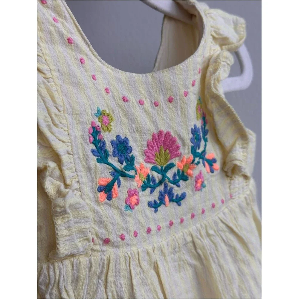 Yellow Striped Embroidered Ruffle Dress
